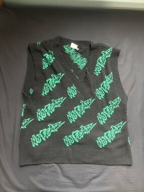 H&M x No Fear Black V-Neck Sweater Vest with Green All-Over Script